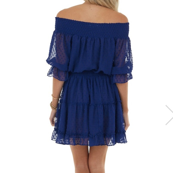 Limelush Navy Off the Shoulder Swiss Dot Dress - Picture 3 of 6